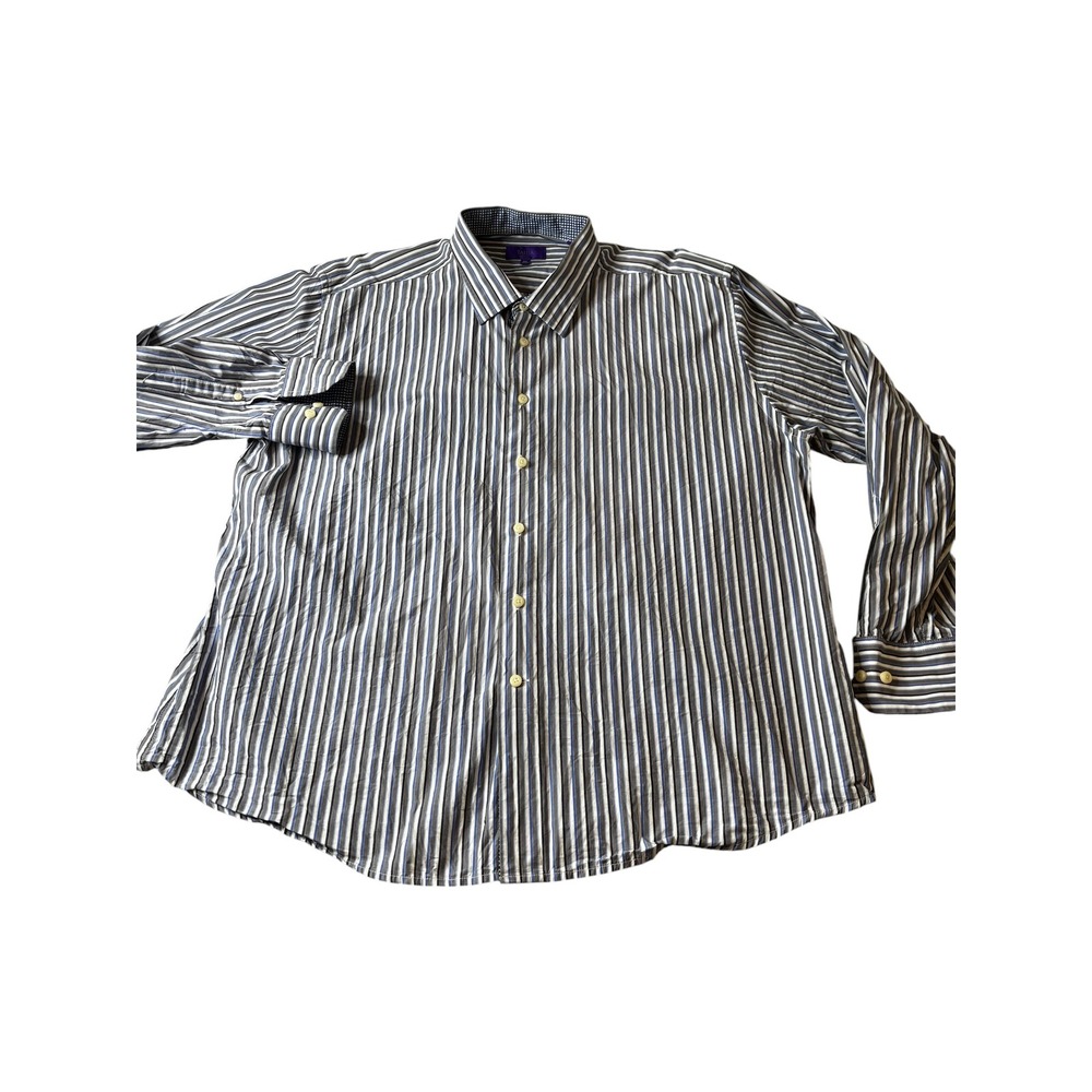 Tallia Mens XXL Blue Grey Striped Cotton Long Sleeve Button Down Shirt